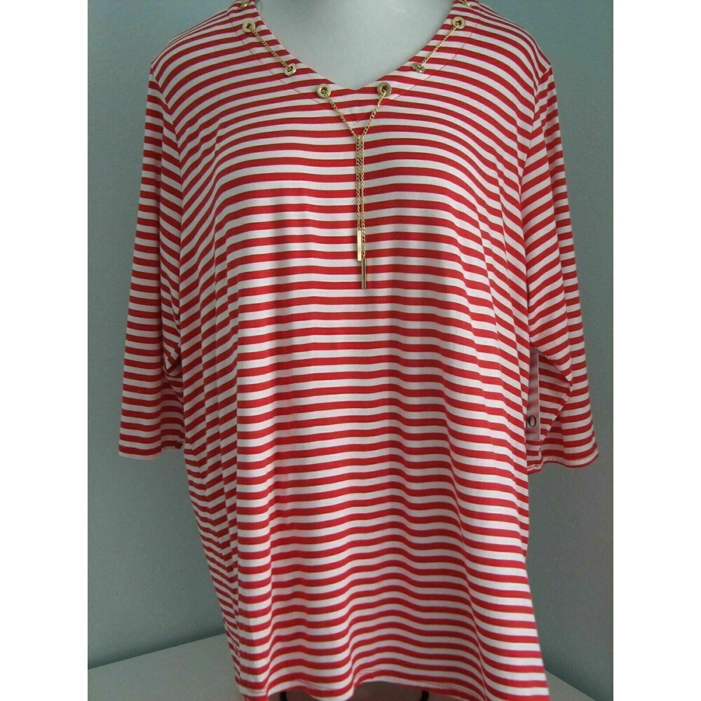 Plus Size V Neck Knit Long Tunic Top Nautical Stripe 2X Thomas & Olivia